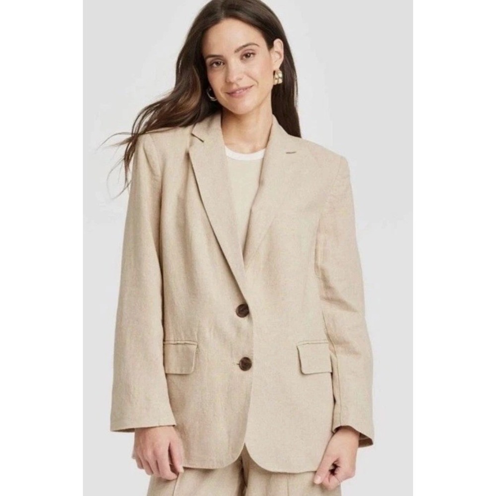 A New Day‎ Linen Blazer Womens Medium Tan Oversized Preppy Coastal Beachy Career